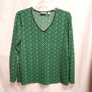 Susan Graver Green & Black Geometric Long Sleeve Blouse